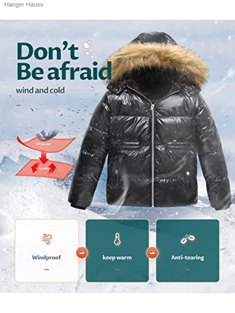 Kids Metallic Shiny Jacket with Detachable Fur Collar Warmth Winter Outerwear